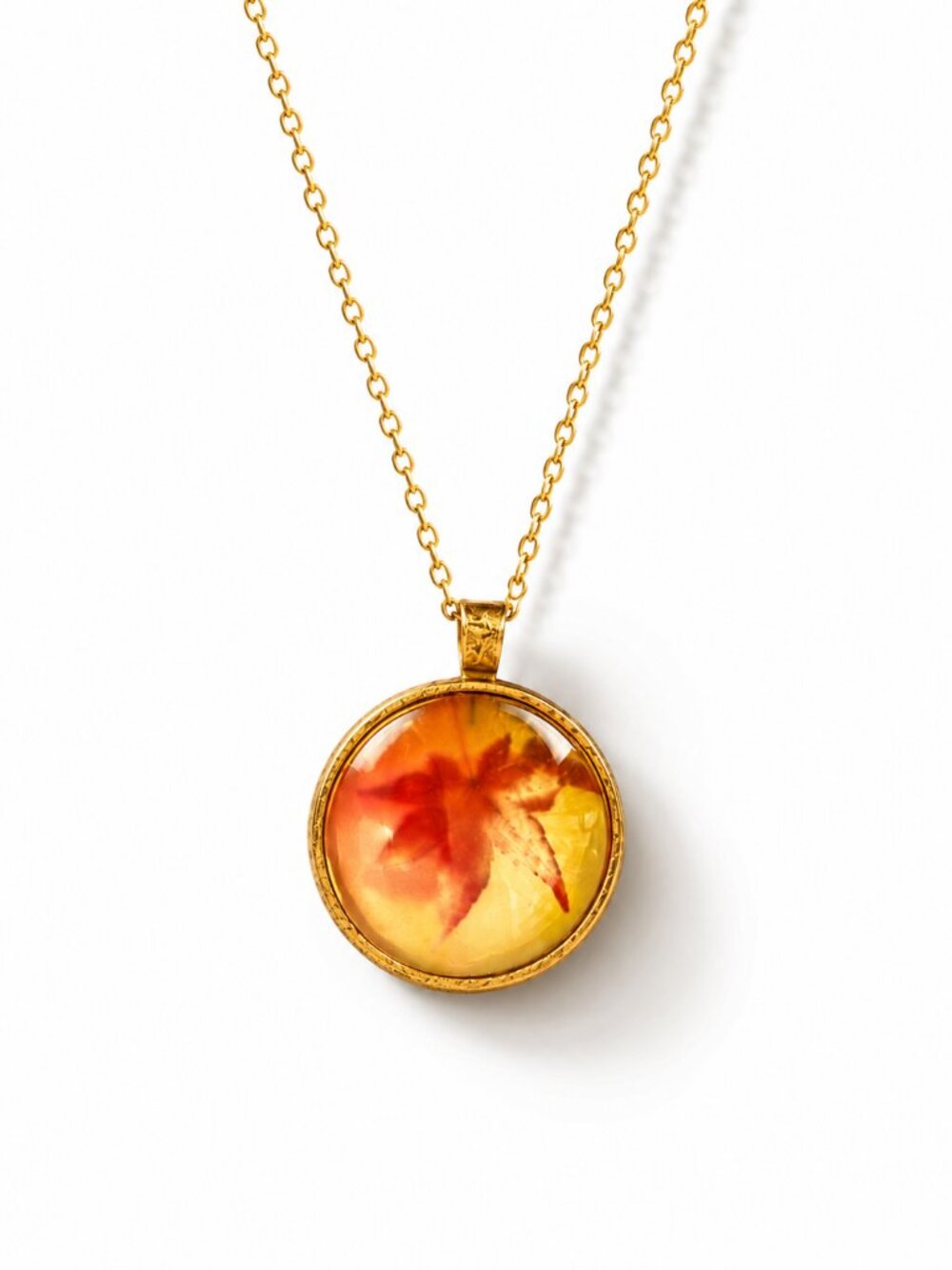 Handmade Maple Leaf Pendant Necklace Botanical Glass Art Gold Tone Boho